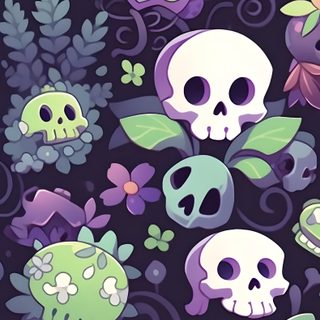 a bunch of skulls and flowers on a black background with purple, green and blue colors Purple And Green Halloween Springoween, Cute Gothic Aesthetic, Cute Spooky Iphone, dark slate blue