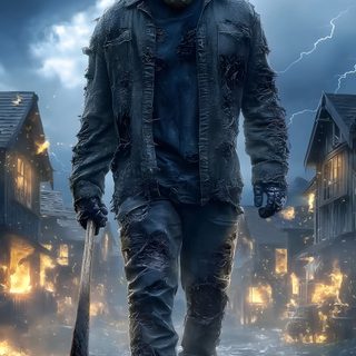a man with a hockey mask on walking down a street in front of houses and lightning Jason Halloween Jason Voorhees Art, Jason Horror, Jason Vorhees, Scary Characters, dark slate gray
