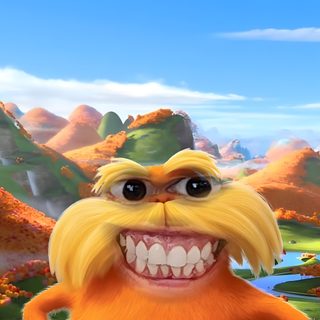 the lorax is smiling and standing in front of an autumn landscape Preppy Lorax Halloween The Lorax Pfp, The Lorax People, Lorax Rizz, Lorax Pic, dark sea green