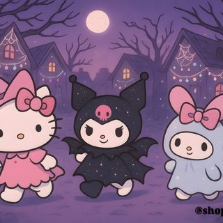 three hello kitty halloween characters standing in front of pumpkins and trees with lights on Hello Kitty Halloween For Ipad Hello Kitty Rooms, Hello Kitty Items, Gravity Falls, Hello Kitty, dim gray