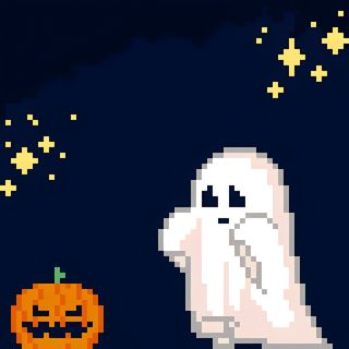a pixel art halloween scene with a ghost and pumpkin in the foreground, against a dark background Halloween Pixel Art Gif Orange Pixel Art Ghost, Pixel Ghost Pfp, Pixel Art Ghost With Pumpkin, black