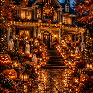 a house decorated for halloween with pumpkins and lights Halloween House Ideas maroon