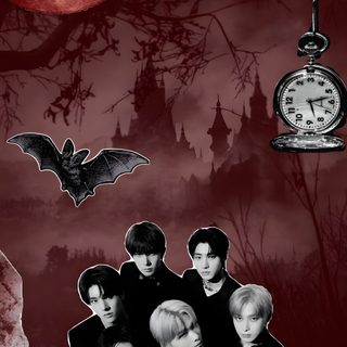 an image of some people in the dark with bats and blood moon behind them on a red background Enhypen Halloween Dark Moon Vampire, Halloween Kpop Demon Hunters, Mystery Kpop Demon Hunters, maroon