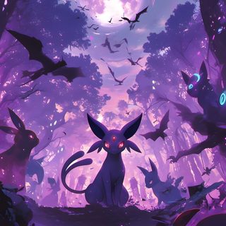 an animal with glowing eyes standing in the middle of a forest filled with bats and bats Eevee Evolutions Halloween Pokémon Halloween, Espeon, Pokemon Eevee Evolutions, dark slate blue
