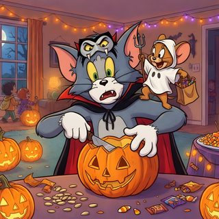 a cartoon cat and mouse sitting in front of pumpkins Tom And Jerry Halloween Funny Costumes, Tom And Jerry, Amazing Adventures, Trick Or Treat, Carving, sienna
