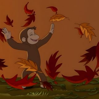 a monkey is throwing leaves in the air Halloween Curios George Curious George Apple Picking, Curious George Apple Harvest, Curious George Halloween Episode, saddle brown