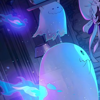 an animated image of a ghost with glowing eyes and arms, holding a teapot Pjsk Halloween Ghost Anime, Floating Ghost Pokemon, Cute Ghost Anime, Ghost Anime Cute, dark slate blue