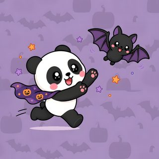 Cute kawaii panda sticker running in pumpkin cape chasing a bat, Halloween design Halloween Panda dark gray