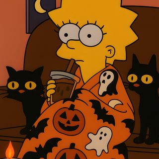 a cartoon character sitting on a couch with two black cats in front of him and one is holding a cup Simpsons Halloween Fall Cartoon, Fall Halloween Cartoon, Aesthetic Halloween Pictures Cartoon, saddle brown