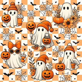 halloween seamless pattern with pumpkins and ghostes on checkerboard background illustration Cute Halloween For Car Seat Seamless Halloween Graphics, Halloween Wraps, Ghost On Checkered Background, light salmon