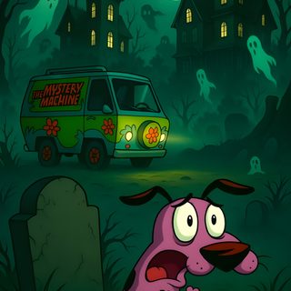 a cartoon dog is standing in front of a grave with a green van behind it Halloween Scooby Doo black