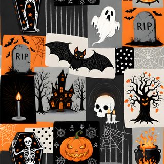 a halloween themed wallpaper with pumpkins and skeletons Halloween Squares Custom Spooky Halloween Digital Pattern, Halloween Themed Pattern Collage, Cool Halloween, dark olive green
