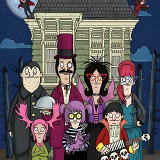 cartoon characters are posing in front of a house with the caption bob's burgers Bobs Burger Halloween Bobs Burgers Halloween, Bobs Burgers Background Characters, Bob's Burgers, dark slate gray