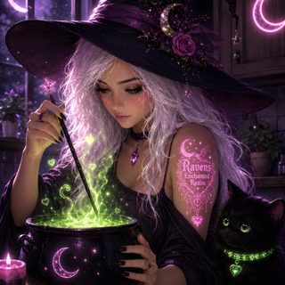 a woman with white hair wearing a witches hat and holding a caulder Beautiful Halloween Witch black