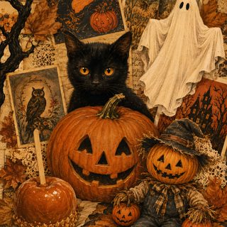 a black cat sitting on top of a pile of pumpkins next to other halloween items Vintage Halloween Cat Unique, Warm Autumn, Halloween Fashion, Ipad, Cozy Fall, Halloween Design, saddle brown