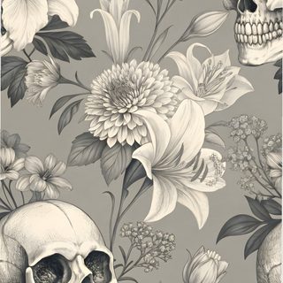 skulls and flowers on a gray background with black and white ink art work in the middle Halloween Thorny Skulls Warm Gray Skull Backgrounds, Cell Phone Backgrounds, Skull And Flower,