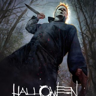 a scary looking man holding a knife in front of some trees with the words halloween on it Halloween 2018 Michael Myers Halloween 2, Halloween 5 Michael Myers, Halloween Michael Myers, dark slate gray