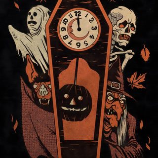 an old clock with skeletons and pumpkins on it Beistle Halloween Vintage Posters Halloween, Halloween Aesthetic Poster, Halloween Poster Aesthetic, black