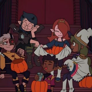 an animated halloween scene with pumpkins on the steps and witches in costumes standing around The Owl House Halloween Arte Van Gogh, Disney Shows, Halloween, Kids Shows, Home, Owl House, dark slate gray