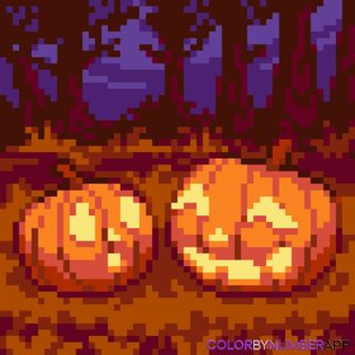 two pumpkins with faces made out of pixellated images in front of an orange background 8 Bit Halloween Jack Olantern Pixel Art, Autumn Pixel Art Aesthetic, Halloween Background Pixel Art, saddle brown