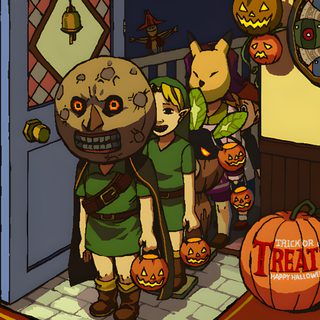 an animated image of some people with pumpkins Legend Of Zelda Halloween Halloween Link Zelda, Zelda Spooky Mask, Halloween Zelda Art, dark olive green