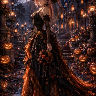 a woman in a long dress and hat standing on stairs with pumpkins around her Beautiful Halloween Witch black
