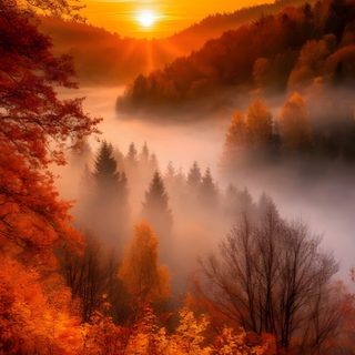 the sun is setting over some trees and fog in the sky, with orange leaves on the ground Halloween Sunrise Fall Images, Image Nature, Leinwand Malerei Ideen, Pretty Landscapes, saddle brown