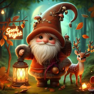 a painting of a gnome holding a lantern in the woods with deers around it Halloween Gnome Desktop Gnome For Computer, Gnome Desktop Background, Halloween Gnome Desktop, dark slate gray