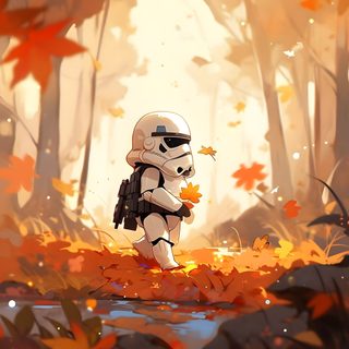 a star wars character is walking through the woods with autumn leaves on the ground and trees in the background Star Wars Halloween Star Wars Autumn, Star Wars Fall, Winter Star Wars, Star Wars Cartoon Background, peru