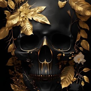 a black skull with gold leaves around it Black And Gold Halloween Colorful Skull Art, Sugar Skull Artwork, Skull Art Drawing, Gothic,