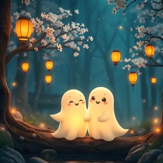 two white ghostes sitting on a log in the woods with lanterns hanging from them Halloween Love Cute Ghost Pictures, Halloween Cute Ghost, Cute Ghost Iphone, Couple Halloween, dark slate gray