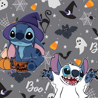 two cartoon characters sitting on top of each other in front of pumpkins and jack - o'- lanterns Halloween Stitch And Angel Iphone, dim gray