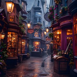 an alley way with lots of buildings and lights on it Harry Potter Halloween Harry Potter Scenery, Diagon Alley Magical World, Diagon Alley, dark slate gray