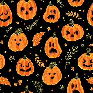 halloween pumpkins with faces and leaves on a black background seamless wallpaper pattern Halloween Pumpkins Cute Jack O Lantern, Calabazas Halloween, Halloween Cute Pumpkin, Jack O Lantern, black