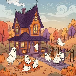 a halloween scene with ghost and pumpkins in front of a house Halloween Illustration rosy brown