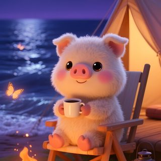 a little pig sitting in a chair next to a campfire with a cup of coffee Cute Halloween Pig Screen Savers, Halloween Animals, Pretty, Cute, Halloween, Cute Animated Pigs, dim gray