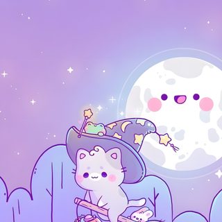 two cats are sitting on a hill with a full moon in the sky behind them Kawaii Cute Purple Halloween Whats, Halloween Cute, Iphone Kawaii, Witchy, Cute Pastel, Images Bonjour, plum