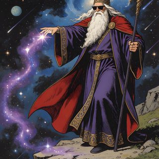 an old wizard standing on top of a rock in front of the stars and planets Merlin Wizard Halloween Rainbow Purple dark slate gray