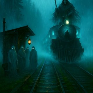 some people are standing in front of a train on the tracks and it is raining Halloween Ghost Train Horror Train, Dark Fantasy Train Art, Fantasy Ghost Train Art, dark slate gray