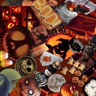 a collage of halloween themed items including pumpkins, clocks and other decorations on a table Halloween Junk saddle brown