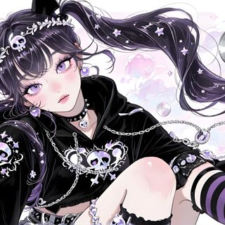 an anime character with long hair and black clothes sitting on the floor wearing goth clothing Desktop Kuromi Halloween Desktop Everyday Art, Purple Aesthetic, Beautiful Artwork, Aesthetic Anime, dark gray