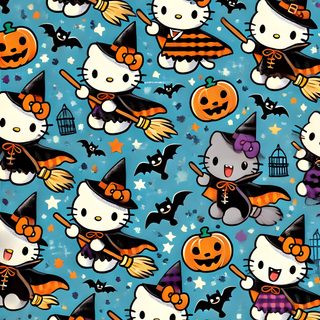 hello kitty halloween wallpaper with pumpkins, cats and bats on blue background for the holiday season Blue Hello Kitty Halloween Hello Kitty Halloween, Blue Hello Kitty Halloween, Halloween Kitty,