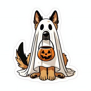 a dog wearing a ghost costume with a pumpkin in it's mouth sticker Halloween Dog Ghost Cute Cartoon Dog With Pumpkin, Halloween German Shepherd, Halloween Dog Illustration, white smoke