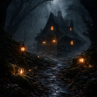 a house in the woods with lanterns lit up Halloween Forest House Wicked Witch House, Witch House Aesthetic, Wiccan Wedding, Gothic Cottage, black
