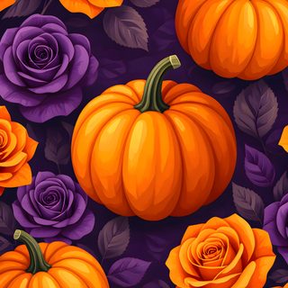 an orange pumpkin surrounded by purple roses and leaves on a dark background with yellow roses Halloween Purple And Orange Purple Halloween, Purple And Orange Flower, Purple And Orange, saddle brown