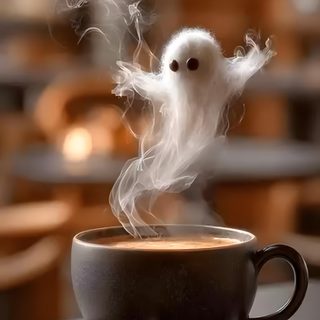 a white bird sitting on top of a cup of coffee Halloween Coffee Happy Halloween Pictures, Coffee Steam, Good Morning Funny, dark olive green