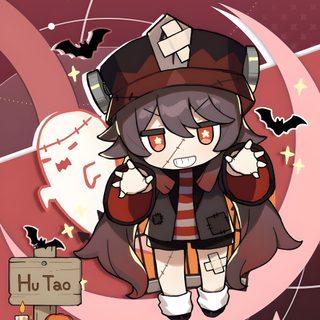 an anime character is standing in front of a pink background with stars and bats on it Genshin Impact Halloween Hu Tao Ghost, Halloween Genshin, Genshin Pfp Halloween, Genshin Halloween Art, sienna