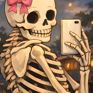 a painting of a skeleton holding up a cell phone Cute Halloween Skeleton Skeleton Pic, Skeleton Picture, Skeleton Image, Skeleton Aesthetic, dim gray