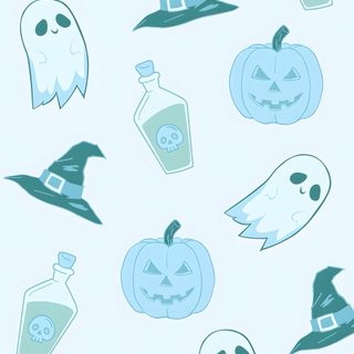 halloween seamless wallpaper with pumpkins, ghost and bottles in blue on a white background Halloween - Ghost Mood - Aqua Light Blue Halloween, Blue Halloween Aesthetic, Light Blue Halloween Aesthetic,