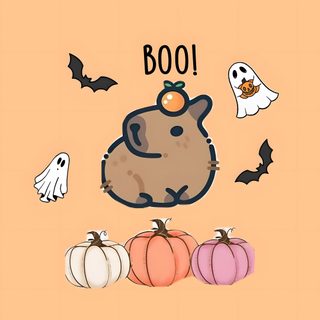 a cartoon animal surrounded by pumpkins and bats Capybara Halloween Cute Cows, Phone Backgrounds, Cute Halloween, Cute, Cow, Halloween, burlywood